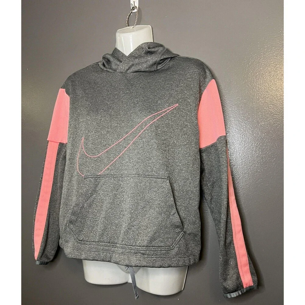 Nike Hoodie Youth XL Gray Pink Dri-Fit Pullover Sweatshirt Swoosh Logo
